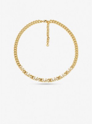 Collar Michael Kors 14k Gold-plated Brass Pave Logo Chain Mujer Doradas | 973048-VUM