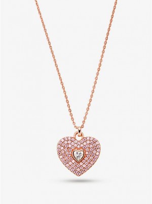 Collar Michael Kors 14k Rose-gold Plated Sterling Silver Pave Heart Mujer Rosas Doradas | 538974-PES